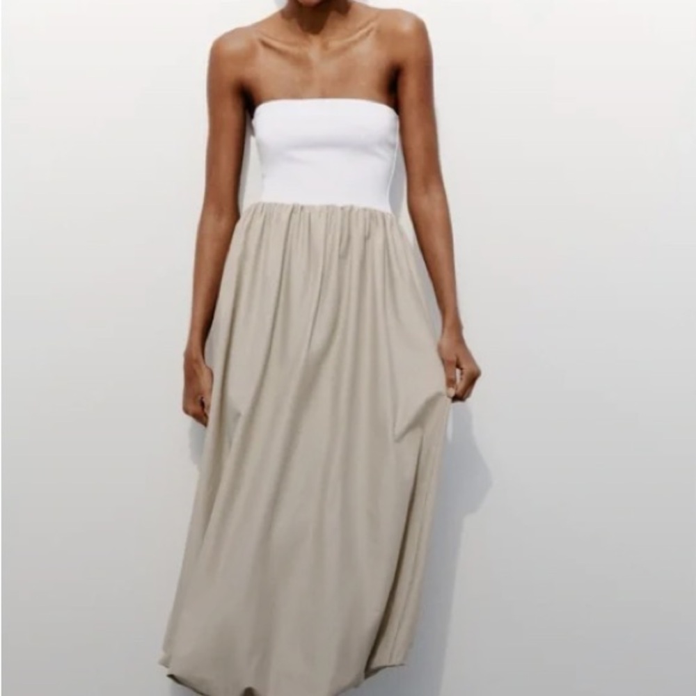 Zara Strapless Two-Tone Maxi Dress in White and Beige
